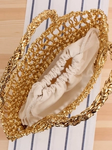 Sac à main tissé doré ajouré avec doublure à cordon pour les vacances et la mode d'été