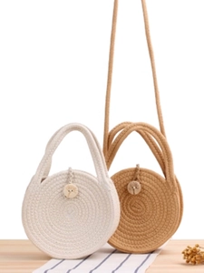 Round Woven Crossbody Bag Cotton Rope Handmade Handbag Circular Purse With Wooden Button Beach Vacation For Women