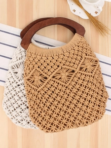 Handmade Cotton Rope Woven Handbag With Wooden Handles Hollow Out Bohemian Style Beach Vacation Bag For Women