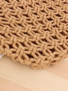 Handmade khaki cotton rope woven beach bag featuring a hollow diamond mesh net design