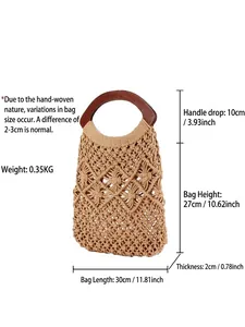 Handmade hollow woven cotton rope beach bag with brown circular wooden handles
