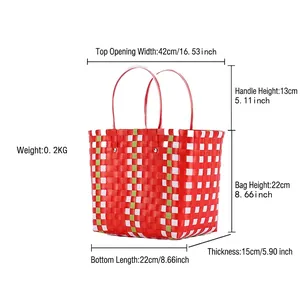 Colorful checkered woven beach tote bag with red handles and size dimensions displayed