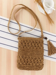 Women Handmade Woven Crossbody Bag Paper Rope Hollow Out Tassel Wood Bead Summer Beach Vacation Zipper Small Purse