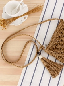 Handmade hollow straw woven crossbody bag with fringe tassels and beads for beach holiday