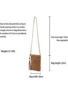 Handwoven khaki crossbody beach bag with hollow pattern and wooden bead tassel ornament