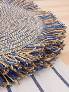 Minimalist bohemian paper rope woven tote bag with tricolor spiral pattern and fringe