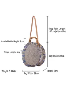 Minimalist paper rope woven tote with blue and yellow fringe, including adjustable strap