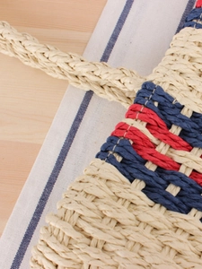 Vertical striped woven shoulder bag in beige, navy and red for summer beach vacation
