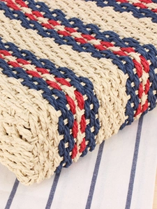 Vertical striped straw woven shoulder bag in beige navy and red for summer beach vacations