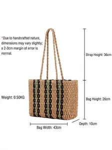 Vertical striped paper rope woven shoulder bag for summer beach vacation with size chart