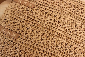Detail of woven paper rope bag with hollow floral texture and brown leather stitching