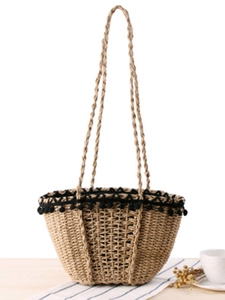 Paper String Woven Shoulder Bag With Pompom Trim Drawstring Closure Summer Beach Casual Handbag For Women