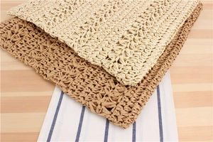 Detail of cross-stitch crochet pattern on handmade paper rope woven bags in beige and brown