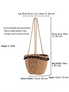 Summer straw tote bag with black pom-pom trim and rope straps, dimensions 34x20x12cm