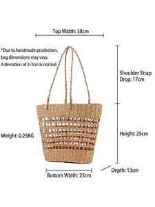 Handmade beige hollow woven paper rope tote bag with mesh design for beach vacation