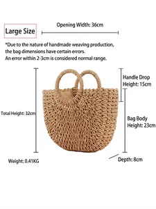 Large hand-woven straw tote bag with circular handles and detailed size dimensions