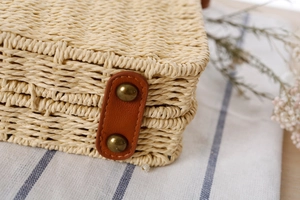 Detailaufnahme der Papierseilverwebung mit Lederriemen und Messingnieten der Tasche