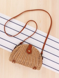 Semicircle Woven Paper Rope Crossbody Bag With PU Leather Trim And Metal Button For Women Beach Vacation Vintage Style