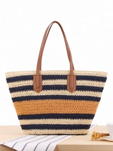 Women Striped Woven Paper Straw Tote Bag Large Shoulder Handbag With Zipper For Beach Vacation Holiday Casual