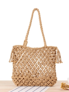 Women Handmade Cotton Rope Woven Shoulder Bag Macrame Hollow Out Tassel Beach Vacation Bohemian Style