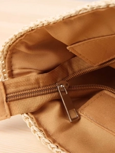 Handmade striped woven straw shoulder bag with durable zipper closure and fabric lining