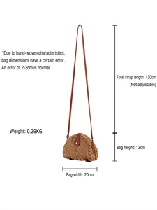 Brown half-round woven paper rope beach bag with crossbody strap and dimensions shown