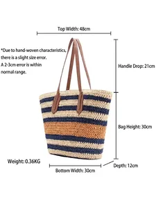 Striped woven shoulder bag with size chart and brown handles for beach vacation