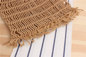 Detail of hand-woven cotton net bag featuring bohemian fringe and khaki hollow mesh