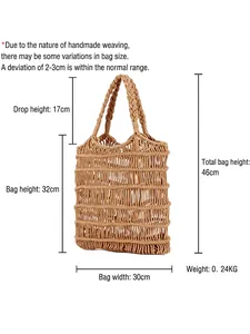 Handmade khaki cotton rope mesh tote bag for women with woven handles and 32cm body height