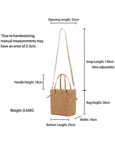 Women's straw woven tote bag for beach with dimensions and leather straps for daily use