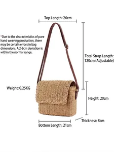 Minimalist straw woven crossbody bag for beach vacation with size chart specifications