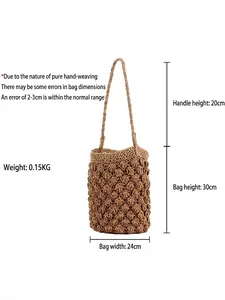 Handmade woven cylindrical straw bucket bag for beach vacation with dimension 30x24cm