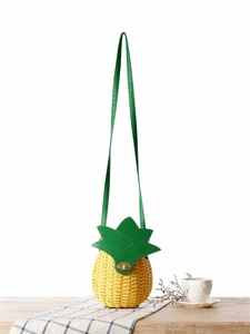 Sac en paille fait main en forme d'ananas jaune avec feuilles en cuir vert pour la plage