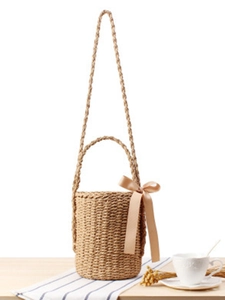 Women Woven Paper Rope Bucket Bag Hand-Woven Summer Beach Vacation Shoulder Crossbody Purse With Ribbon Bow Drawstring