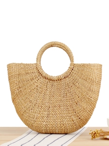 Handmade Woven Straw Handbag Natural Yellow Grass Half Moon Round Handle Beach Vacation Style For Women