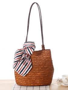 Borsa A Tracolla In Paglia Da Donna Con Manico In Perle Di Legno E Sciarpa A Righe Borsa Da Spiaggia Estiva Di Moda