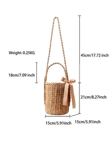 Minimalist paper rope woven bucket bag with ribbon bow and dimensions display