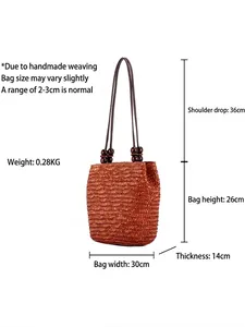 Borsa a spalla in paglia intrecciata marrone per vacanze al mare con guida alle dimensioni
