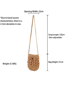 Handmade macrame crochet crossbody bag with retro ethnic pattern and dimension guide