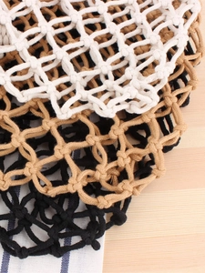 Handmade woven cotton rope mesh beach bags in white, brown and black colors