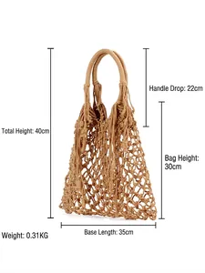 Handmade woven cotton rope beach tote bag with fringe and dimensions 35x30cm