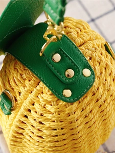 Sac à main en paille jaune style ananas avec cuir vert pour les vacances d'été à la plage