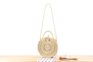 Detail of round handmade paper straw bag with hollow circular patterns and dual handles