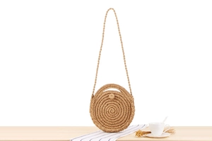 Detail of hand-woven round straw bag featuring natural fiber texture and woven strap