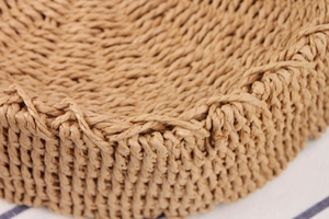Close-up of natural paper rope weaving texture and reinforced spiral edge of straw bag