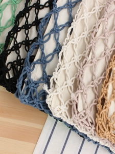 Handmade hollow cotton rope mesh beach bag with wooden rings in multiple colors