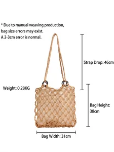 Bohemian mesh cotton rope tote bag with wooden ring handle for summer beach holidays