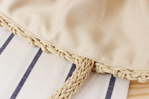 Close-up of woven paper rope bag showing intricate handmade texture and canvas lining
