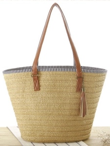 Women Woven Shoulder Bag Paper Rope Straw Tote Large Capacity With Tassel And Stripe Lining For Summer Beach Travel