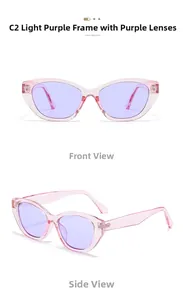 Detail of light purple cat eye sunglasses with purple lenses showing front and side views